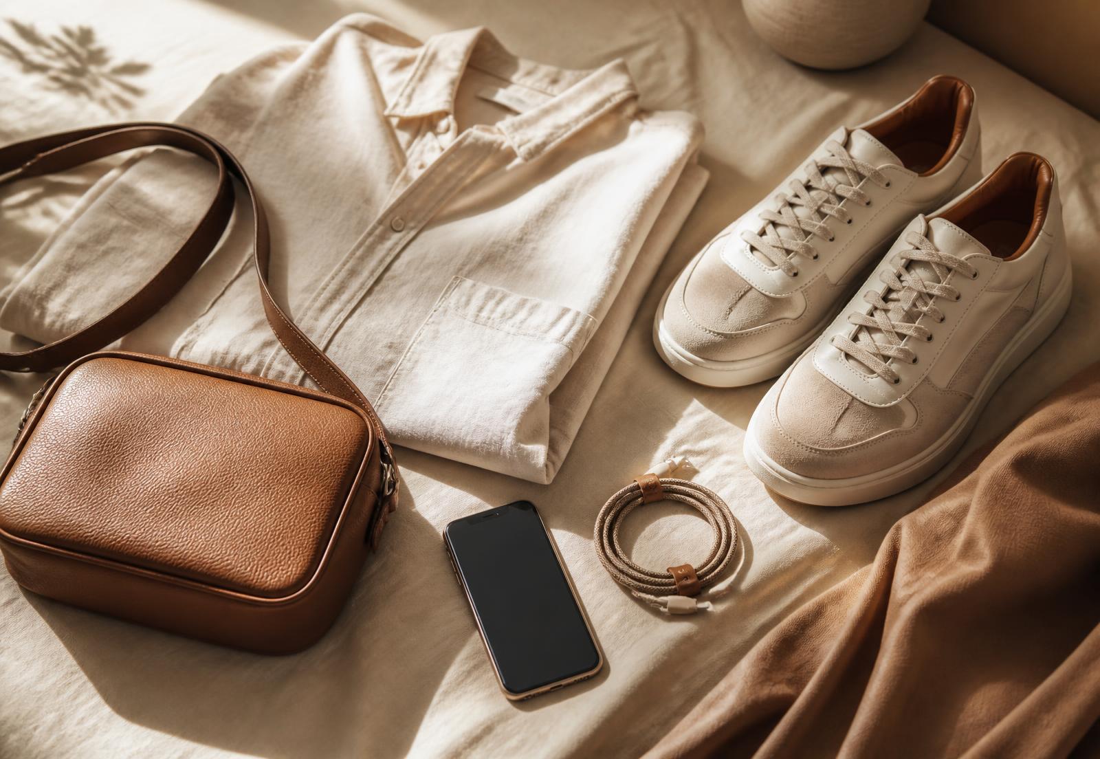 Clothing, a leather bag, sneakers, a phone and a charging cable arranged on cream linen